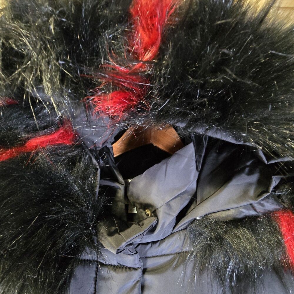 Hanyiyuan Long Puffer Coat Womens L Black Faux Fur Trim Hood Full Zip Belt Waist - Picture 2 of 9